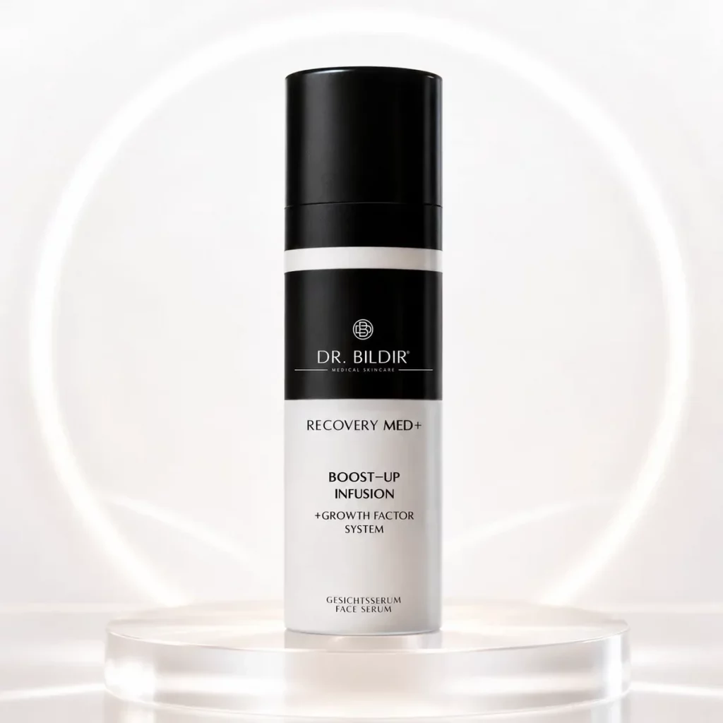 Dr. Bildir Recovery MED+ Boost-Up Infusion Gesichtsserum vor hellem Lichtring