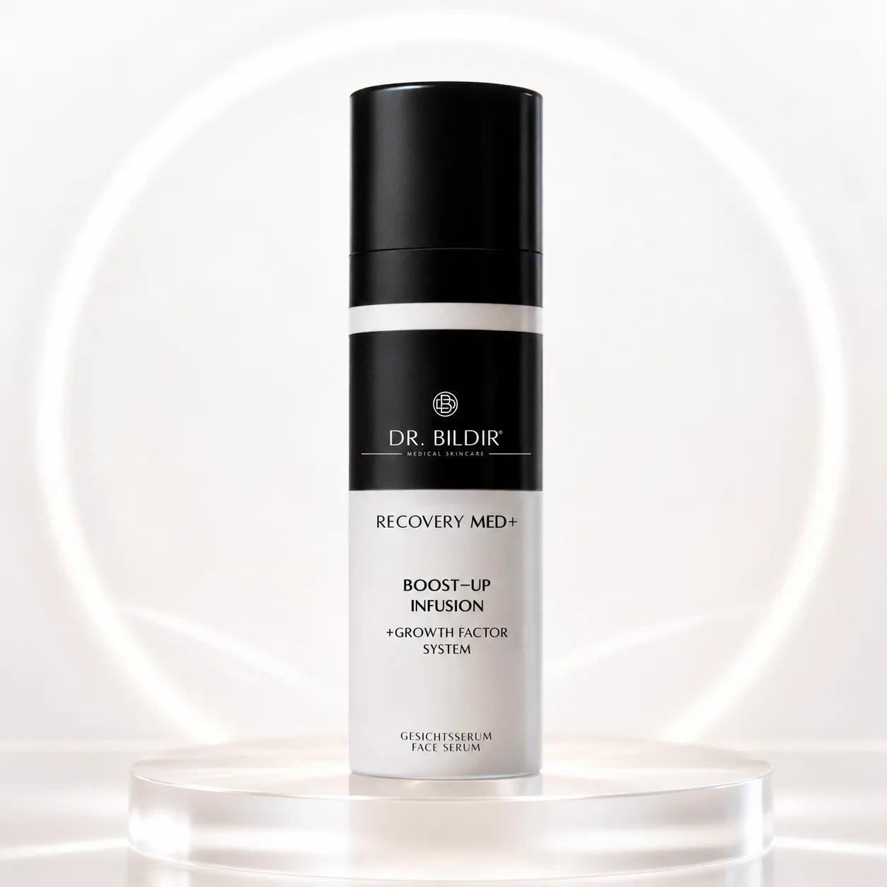 Dr. Bildir Recovery MED+ Boost-Up Infusion Gesichtsserum vor hellem Lichtring