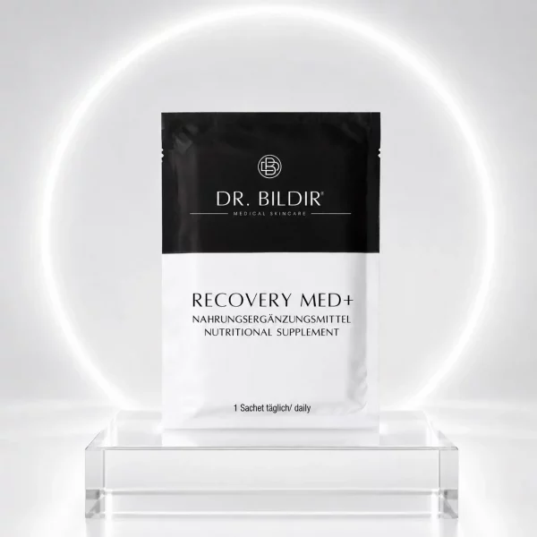 Dr. BILDIR RECOVERY MED+ Nahrungsergänzungsmittel Sachet vor hellem Lichtring