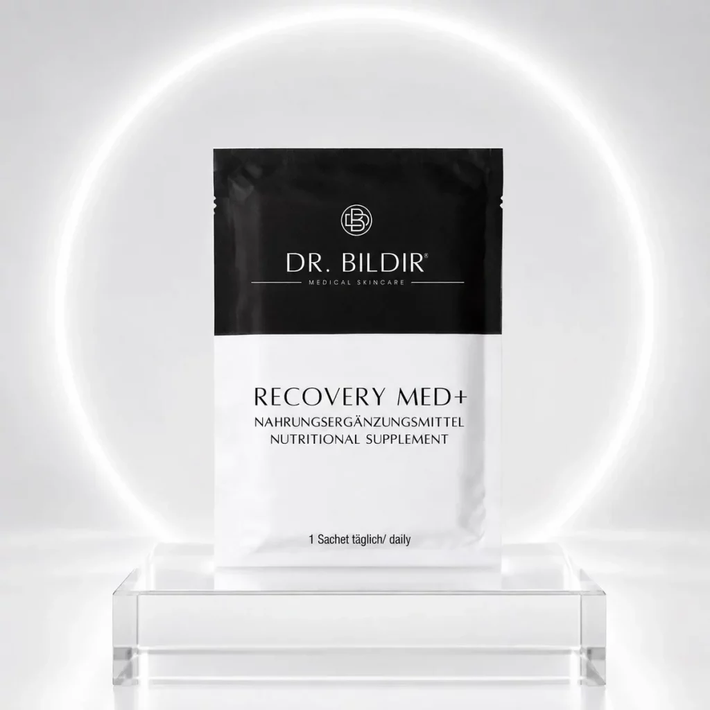 Dr. BILDIR RECOVERY MED+ Nahrungsergänzungsmittel Sachet vor hellem Lichtring